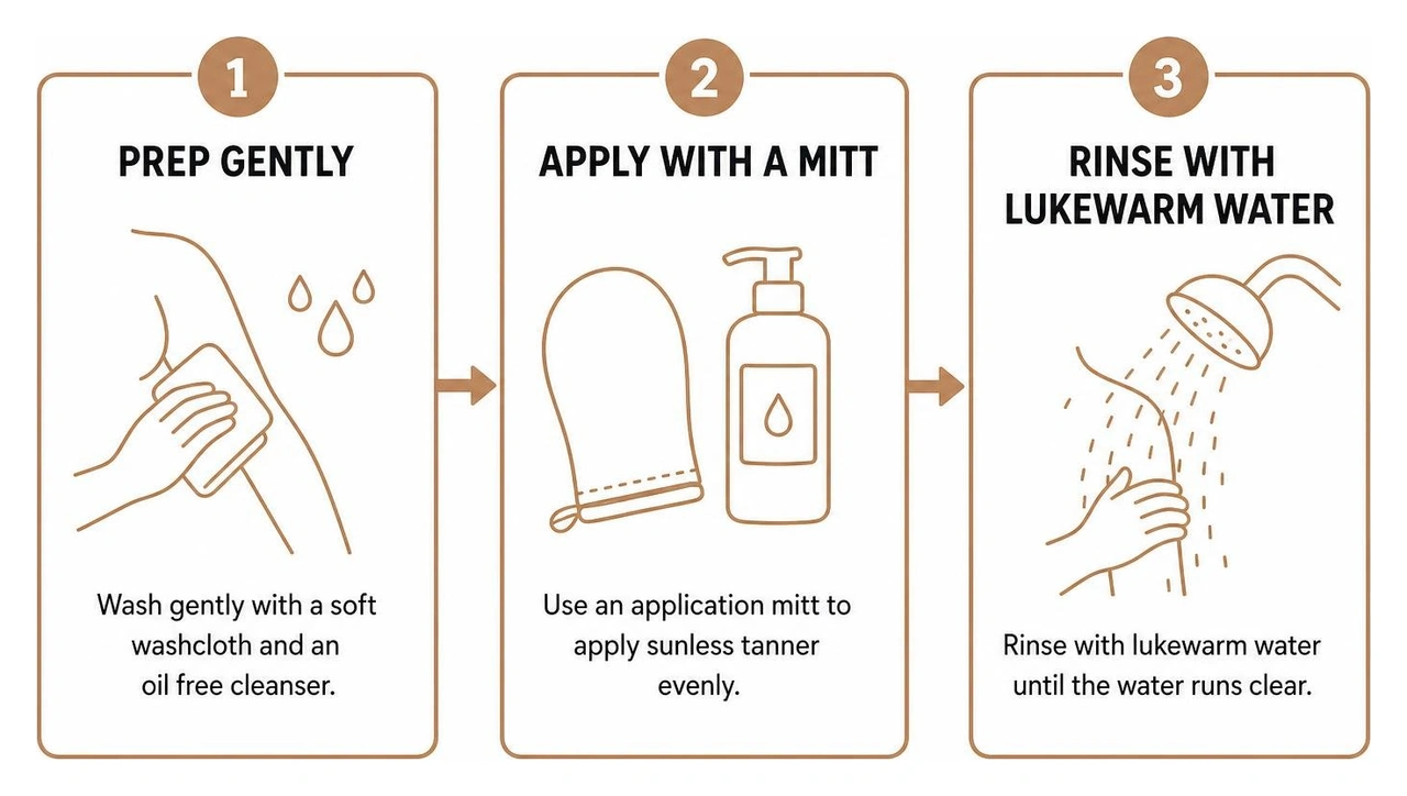 Step by step guide: prep gently, apply with a mitt, and rinse with lukewarm water Step by step guide: prep gently, apply with a mitt, and rinse with lukewarm water