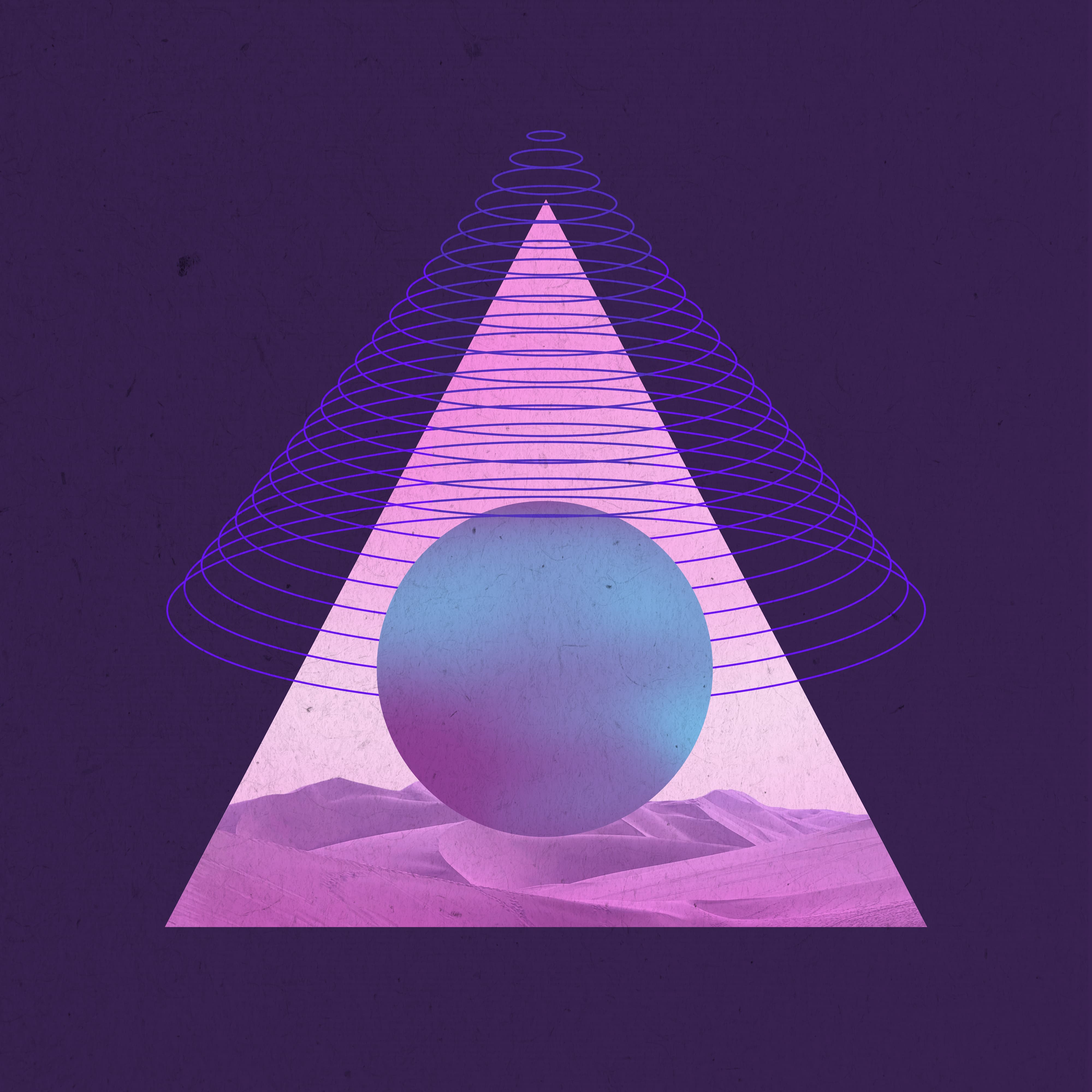 An example of graphic design created by Strong, depicting an abstract, futuristic, purple-hued pyramid with sphere in the center. The design represents themes of maximalism, retro-futurism and AI-generated surrealism. 