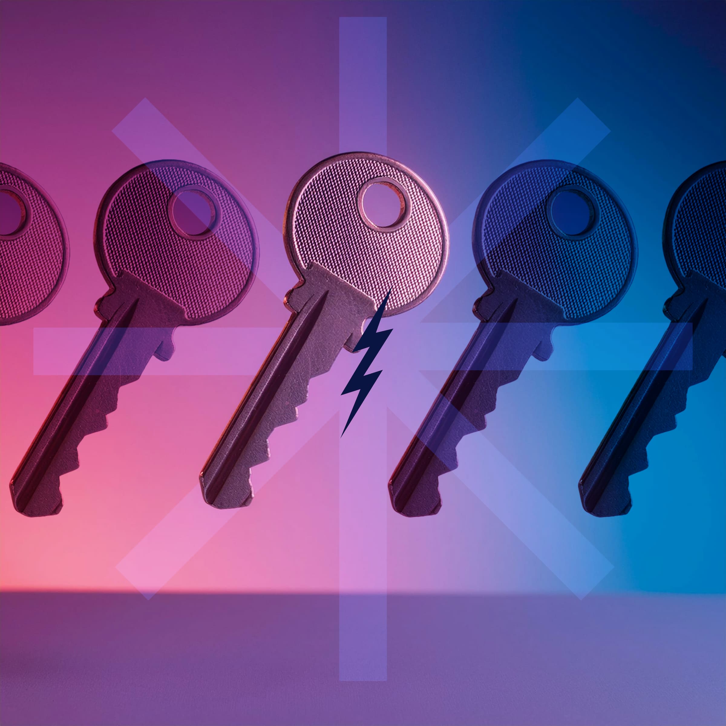 An example of futuristic, abstract graphic design created by Strong. It depicts a row of repeating metal keys, slightly angled, floating over a purple-to-blue gradient background surface. 