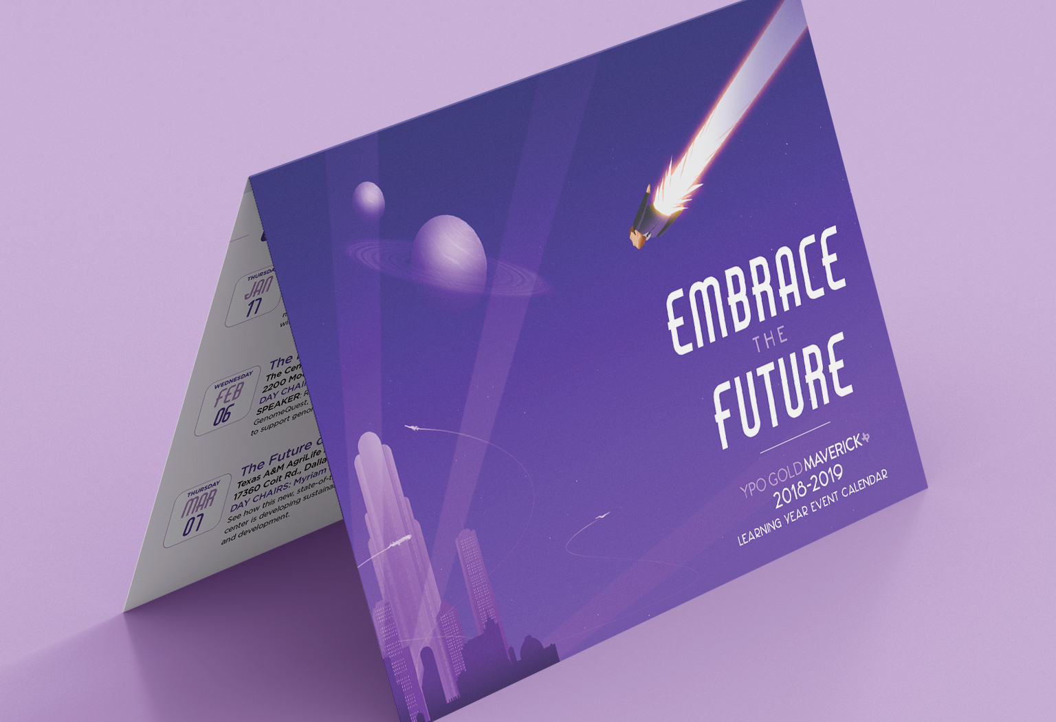 The front cover of a YPO Gold Maverick Learning Year calendar direct mailer, titled Embrace the Future. 