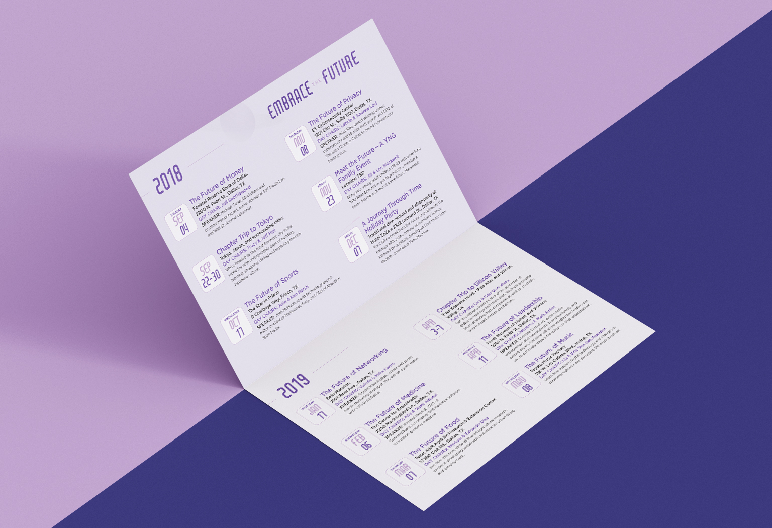 The inside spread of an unfolded, two-panel brochure featuring dates and event descriptions, set on a purple two-tone background