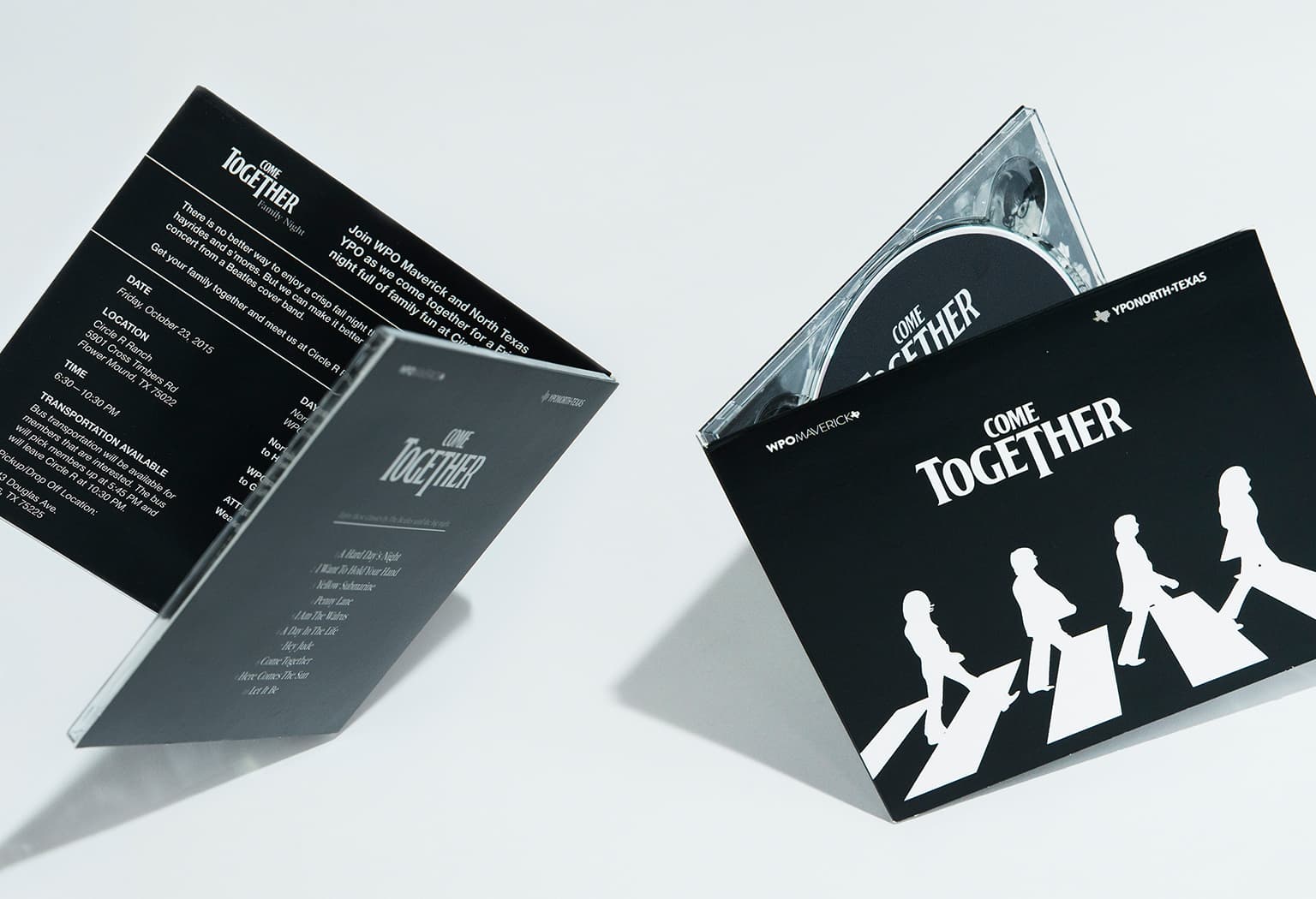 A view of two CD cases featuring custom-designed artwork for YPO Gold Maverick's musical-themed Learning Year