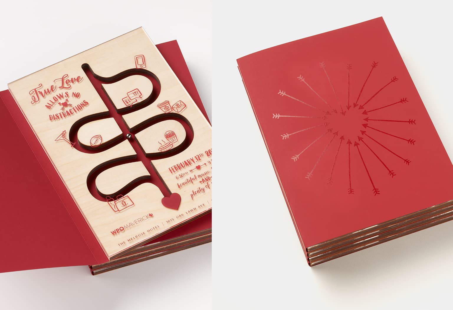 The cover and inside of a custom-made event invitation featuring a red cover with glossy arrows and laser-cut wood on the inside