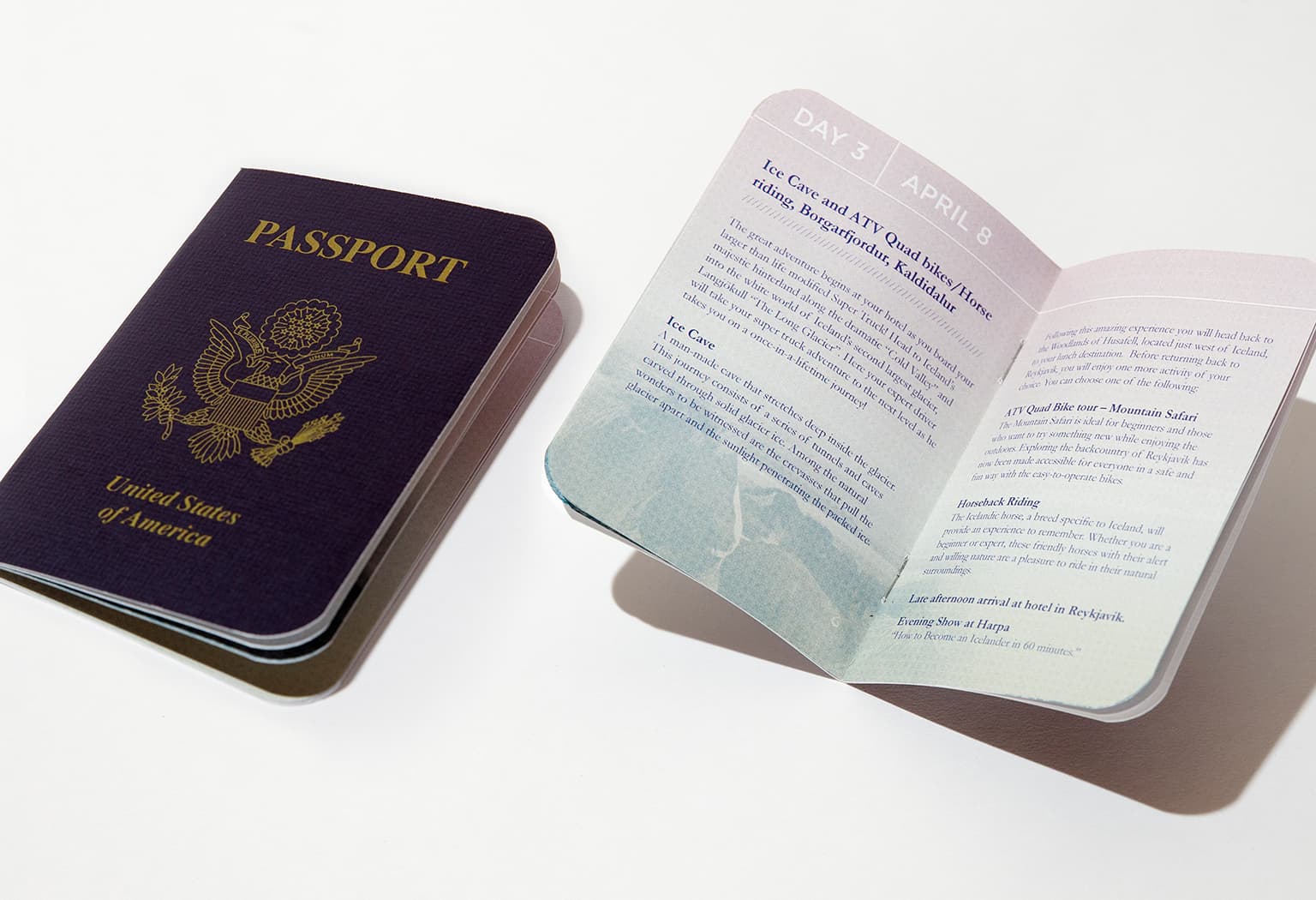 A custom-made trip agenda brochure made to look like a US Passport. It features an agenda for YPO Gold Maverick's trip to Iceland