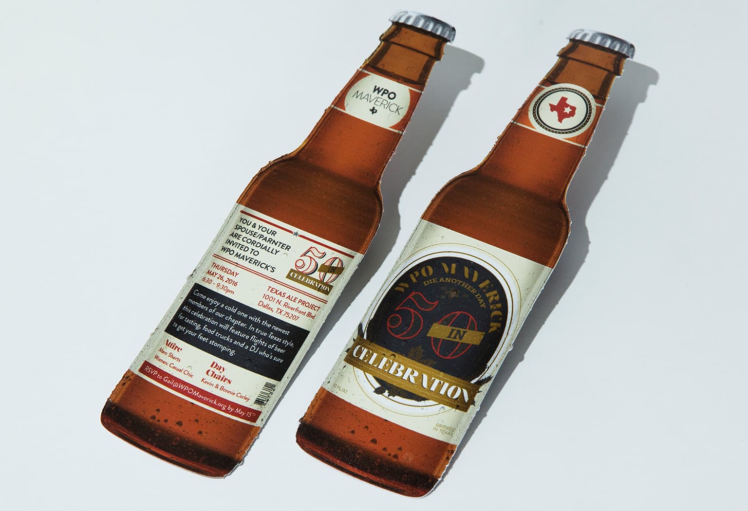 A custom-printed, laser-cut event invitation for YPO Gold Maverick, shaped like a beer bottle, with event information printed on both sides. 