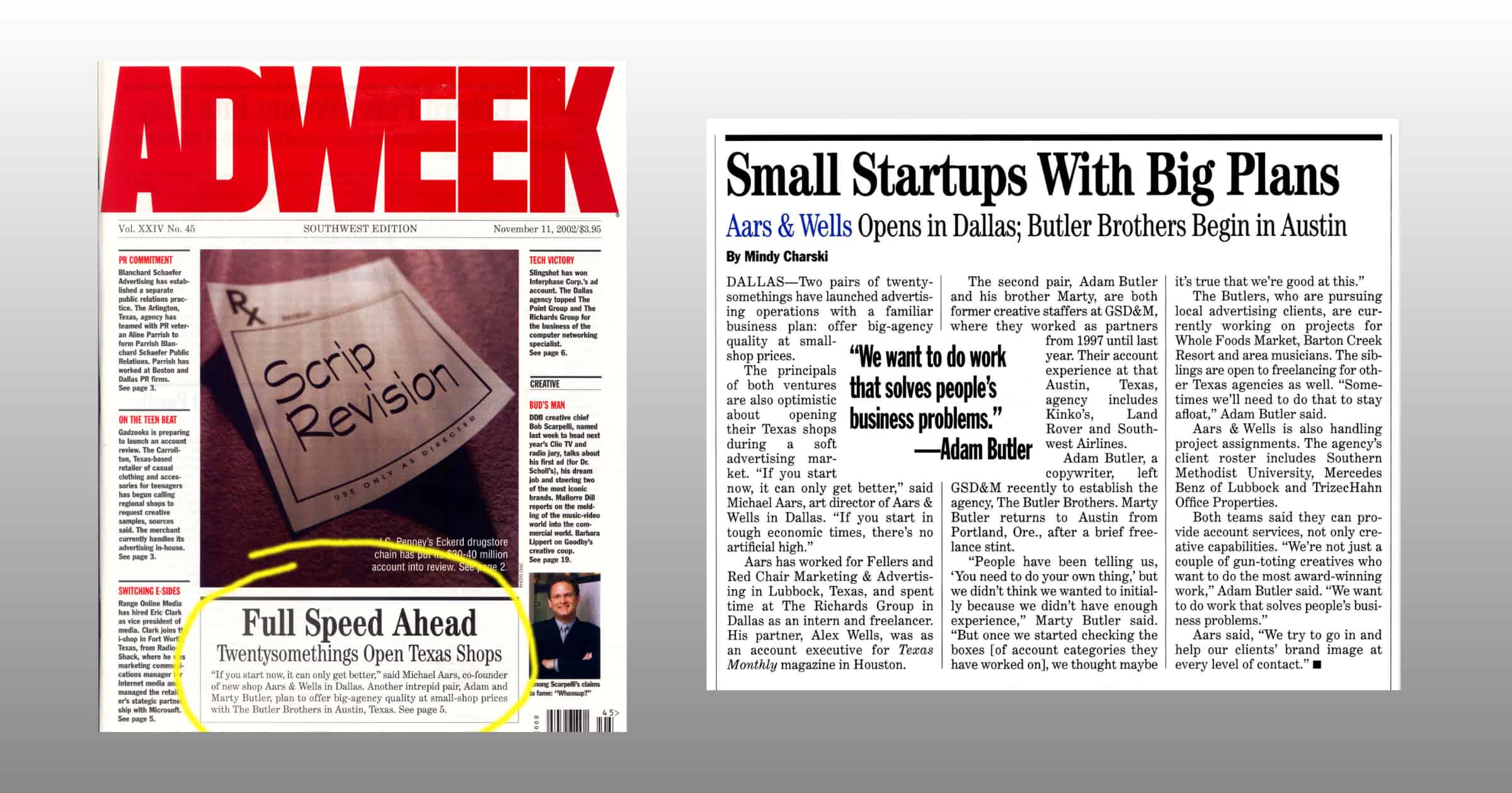 An image of the cover of Adweek magazine from November 2023, set beside an image of a feature article about the launch of Aars | Wells, an independently-owned advertising agency in Dallas