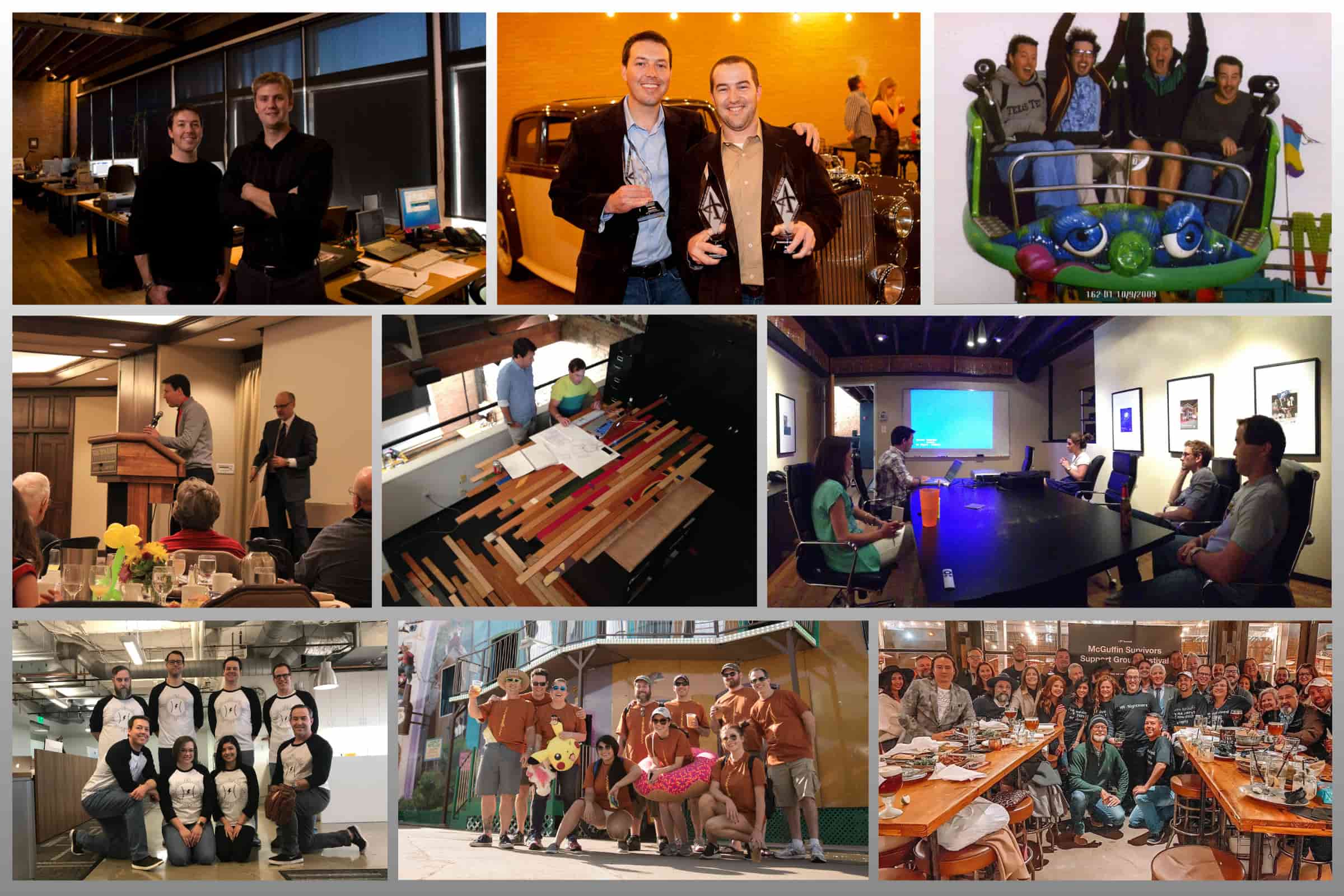 A collage of images representing milestones of Strong Marketing. The images feature Strong's leadership and employees engaging in meetings, posing for group photos, collaborating, and engaging in team activities
