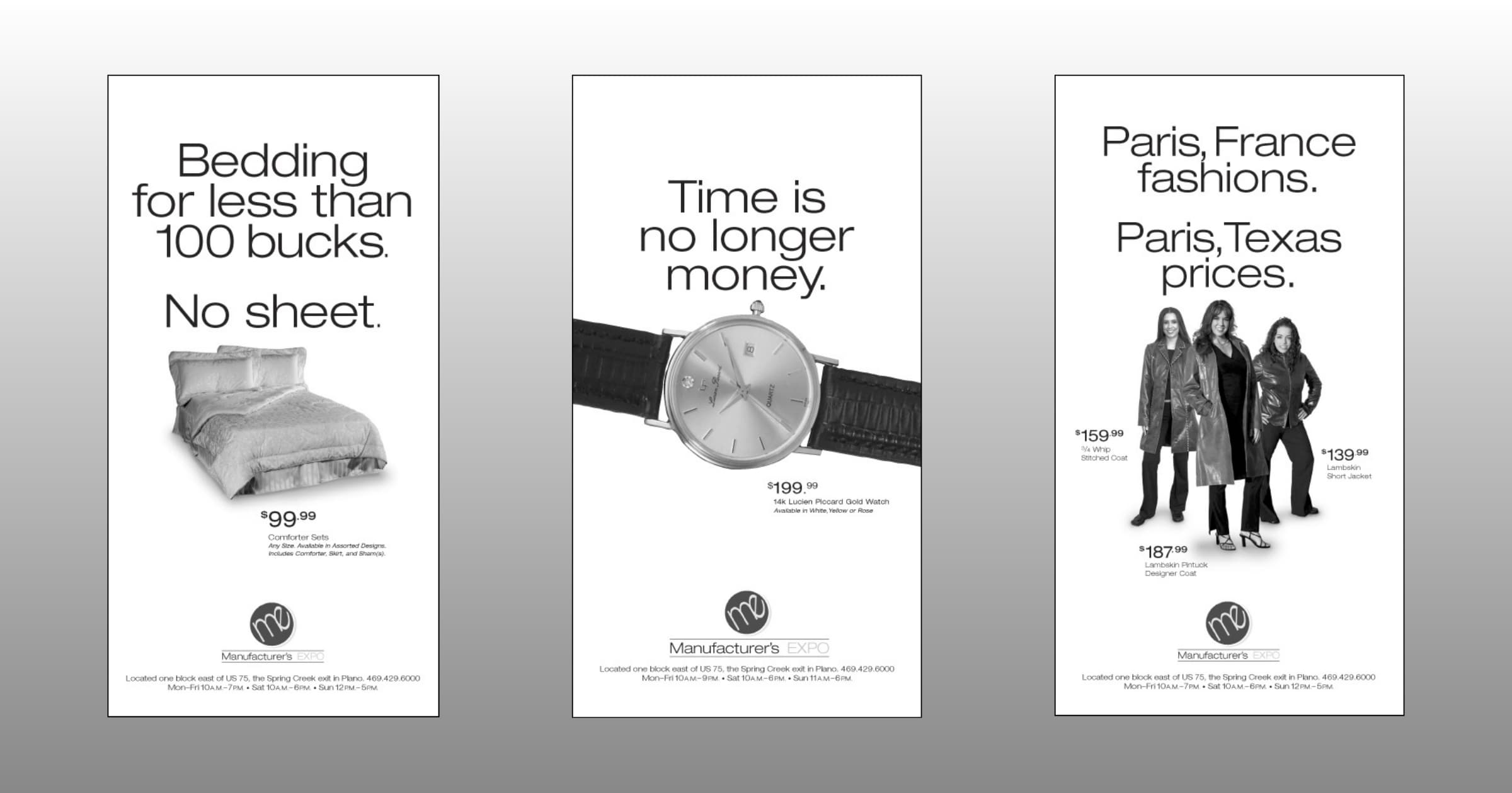 Three ad layouts produced by Strong for a client named Manufacturer's Expo. The ads depict clever headlines and product photos for bedding, clothing and jewelry, along with the Manfacturer's Expo logo