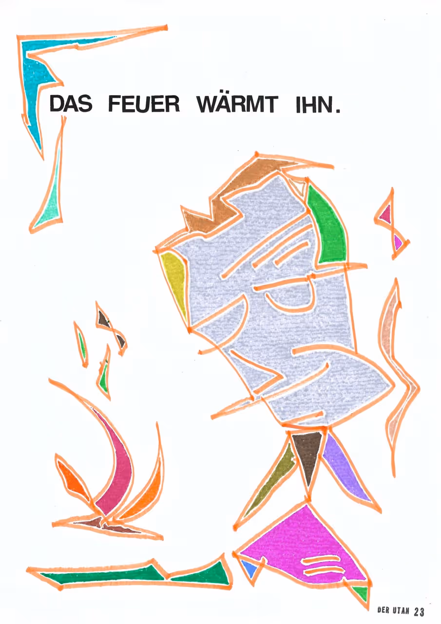 Eine Serie von Bildern des utans mit dem Titel Sie kümmert sich darum.
Verschiedene Figuren mit jeweils einem Satz darunter geschrieben.
Die Figuren sind aus farbigen Formen zusammengesetzt.
