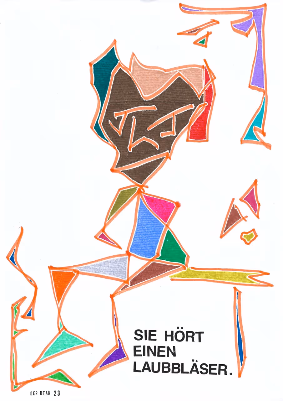Eine Serie von Bildern des utans mit dem Titel Sie kümmert sich darum.
Verschiedene Figuren mit jeweils einem Satz darunter geschrieben.
Die Figuren sind aus farbigen Formen zusammengesetzt.