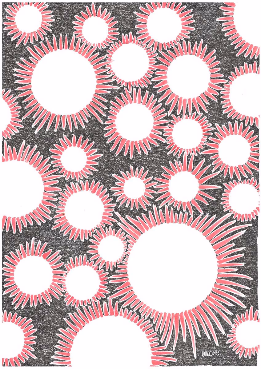 Eine Serie von Bildern des utans mit dem Titel Kuckuck.
Verschiedene Motive von roten Objekten auf schraffiertem, schwarzen HIntergrund.
In der Luft flattern Papiere.