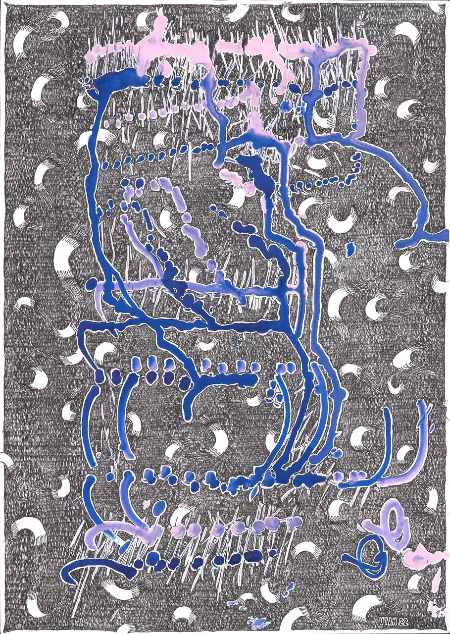 Eine Serie von Bildern des utans mit dem Titel Kuckuck.
Verschiedene Motive von roten Objekten auf schraffiertem, schwarzen HIntergrund.
In der Luft flattern Papiere.