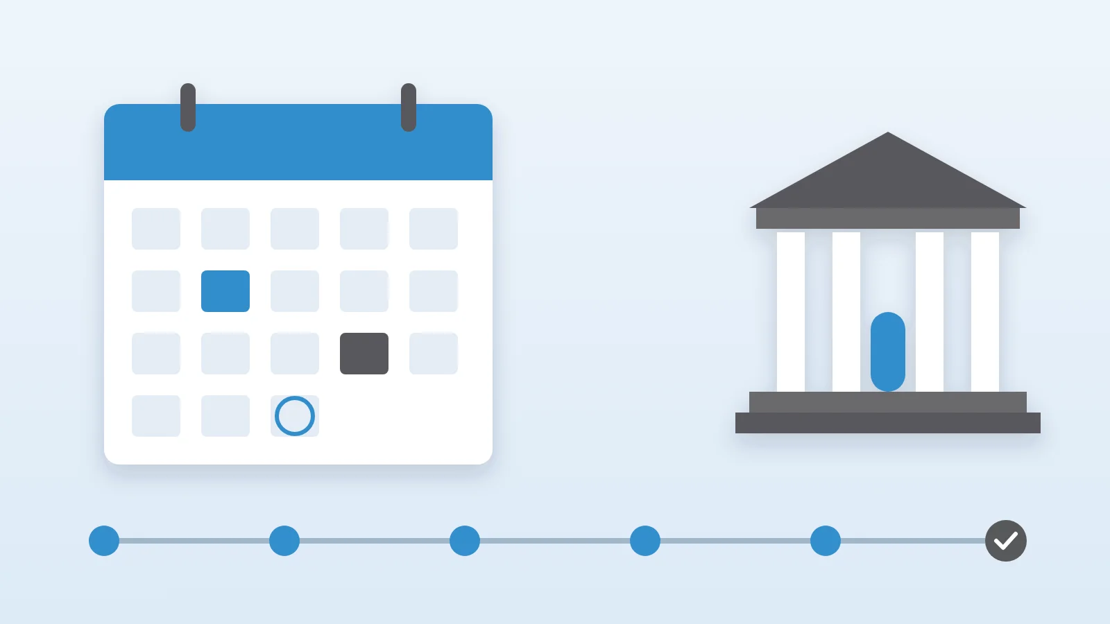 Illustration of a calendar, a courthouse, and a timeline for a contested divorce