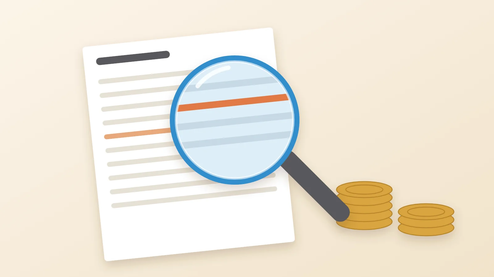 Illustration of a magnifying glass highlighting a line on a financial statement next to stacks of coins