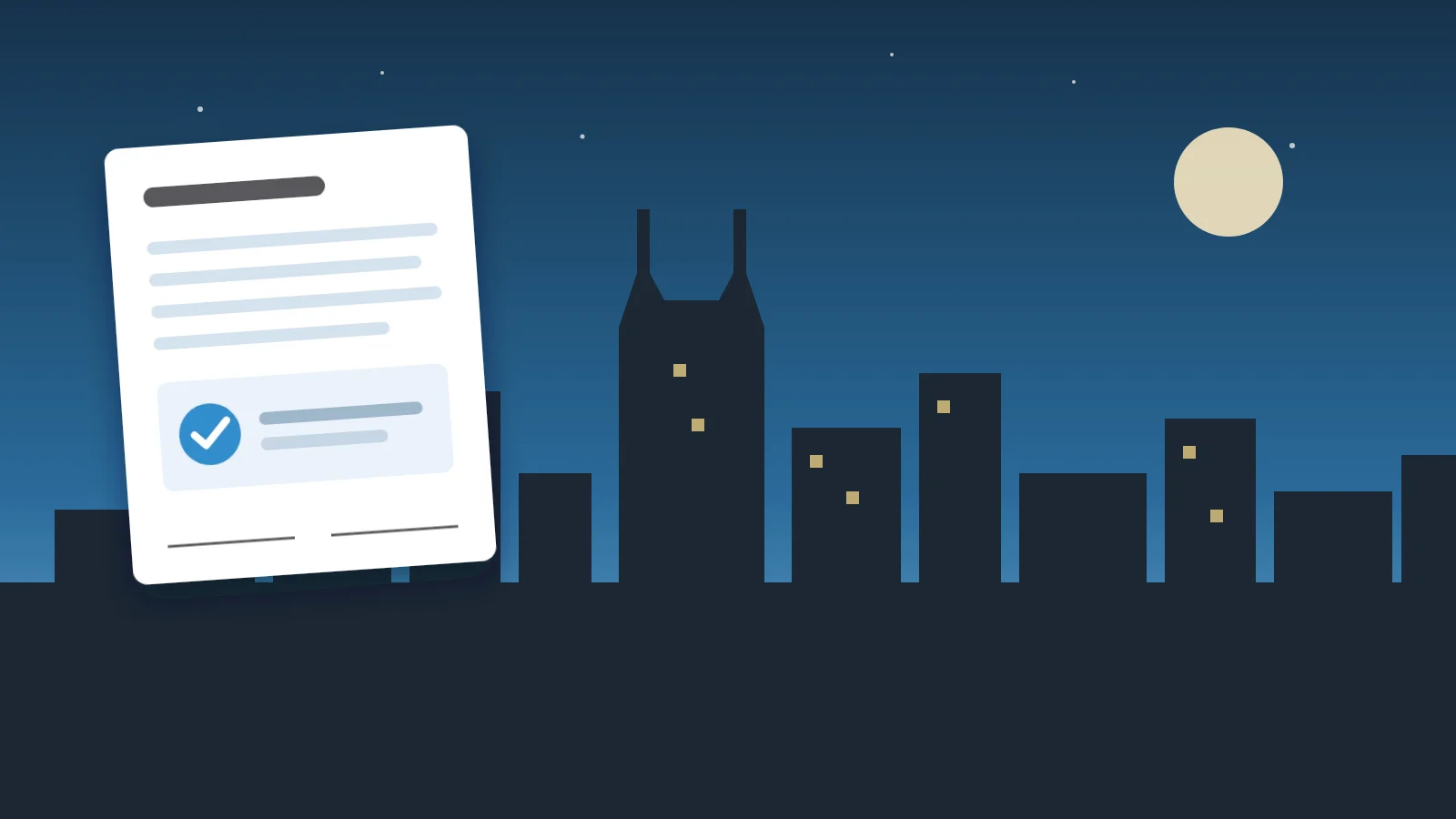Illustration of an approved agreement in front of the Nashville skyline at dusk