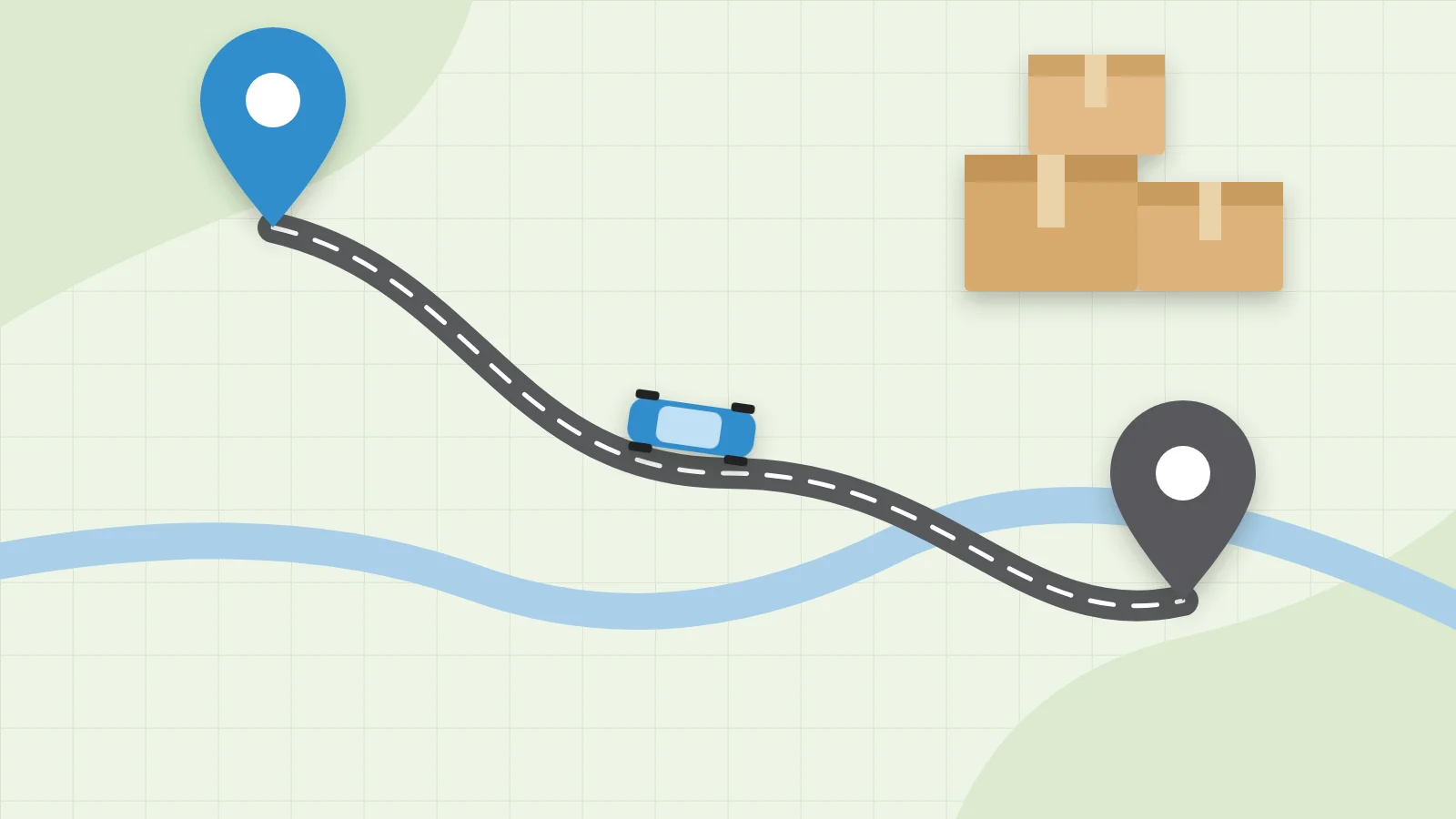 Illustration of a map with a road between two location pins, a car, and moving boxes