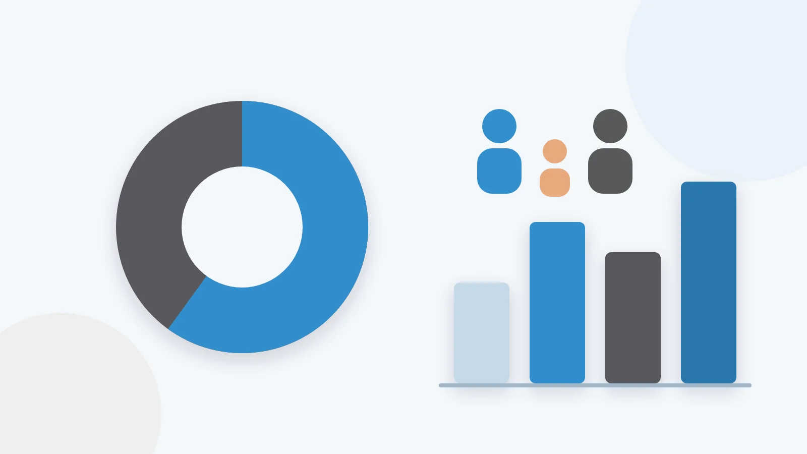 Illustration of a 60/40 split chart, bar graph, and icons of two parents and a child