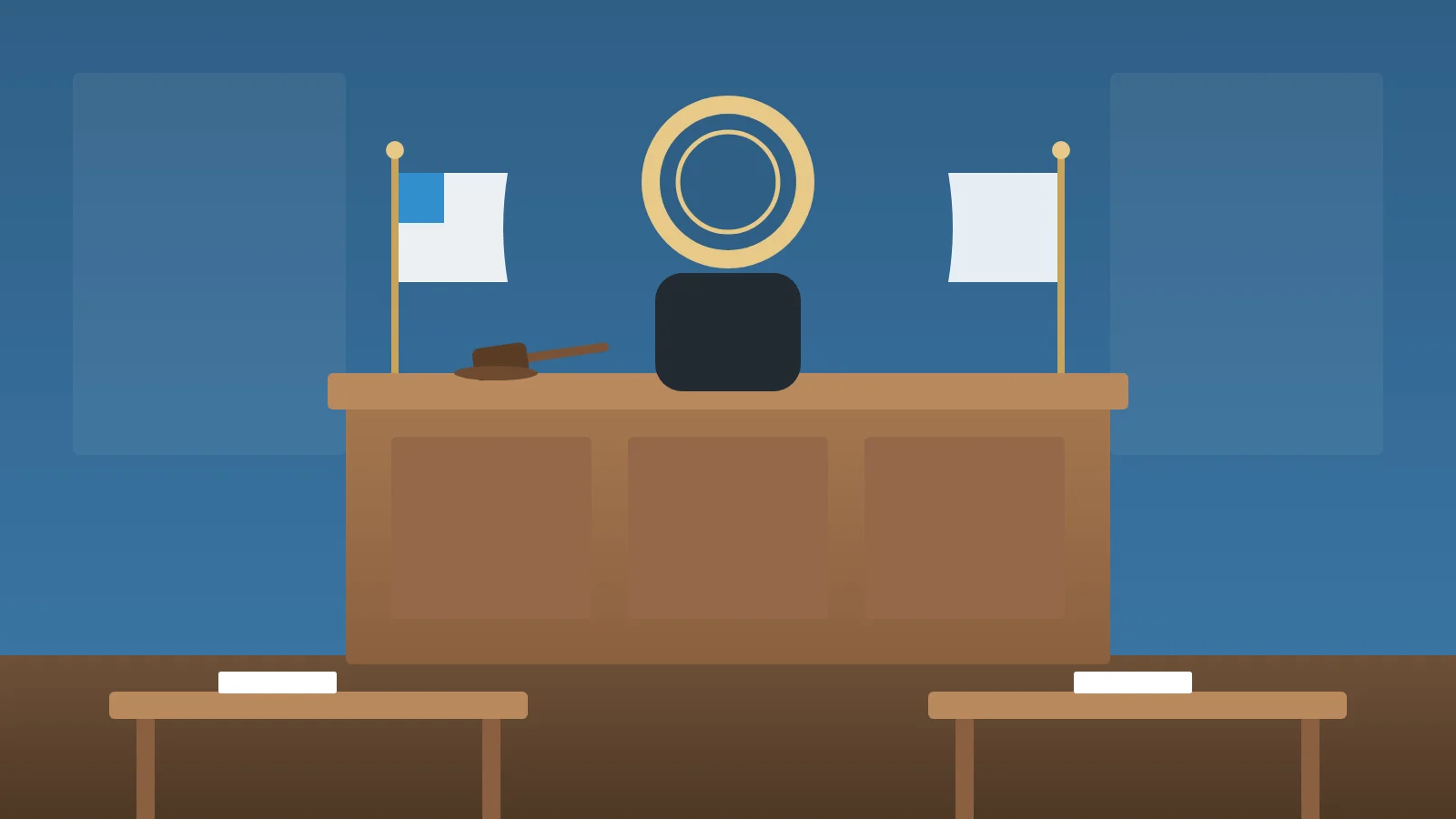 Illustration of a courtroom with a judge's bench, flags, and two counsel tables