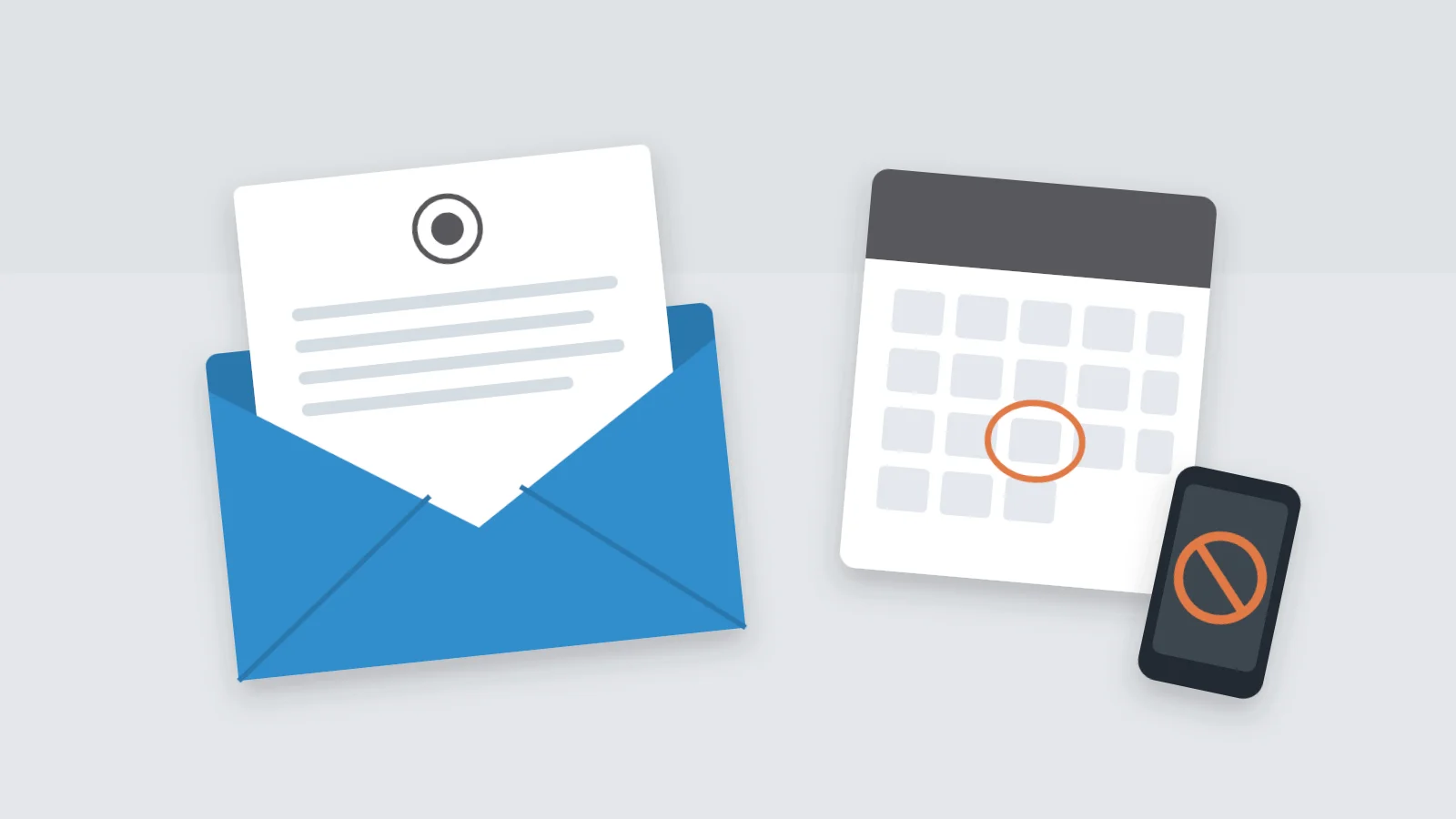 Illustration of an official letter in an envelope, a calendar with a date circled, and a phone with a no-contact symbol