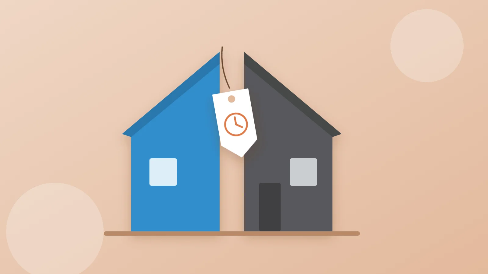Illustration of a house split into two halves with a tag showing a clock hanging between them