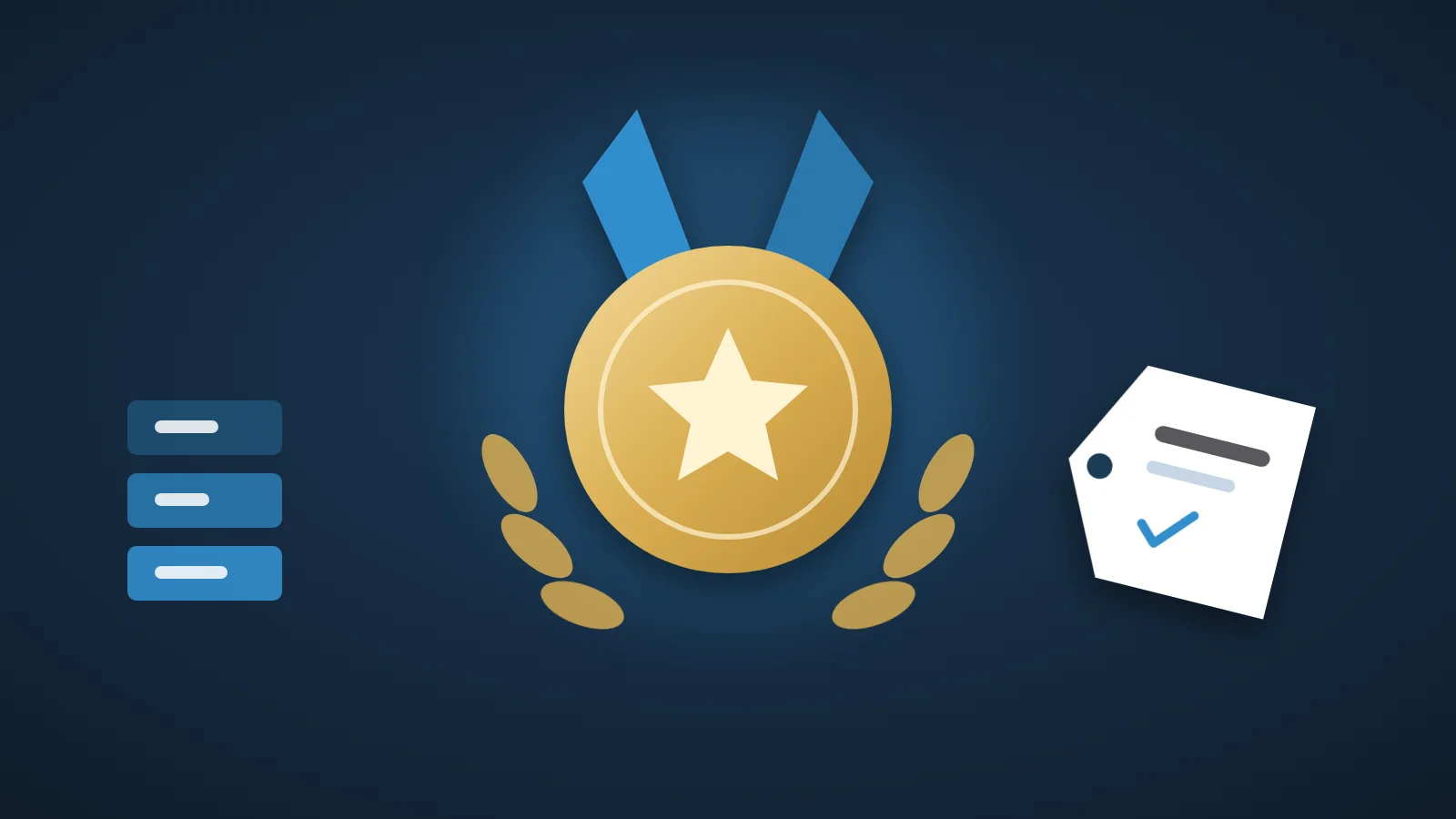 Illustration of a gold medal with a laurel, stacked pricing stages, and a checked price tag