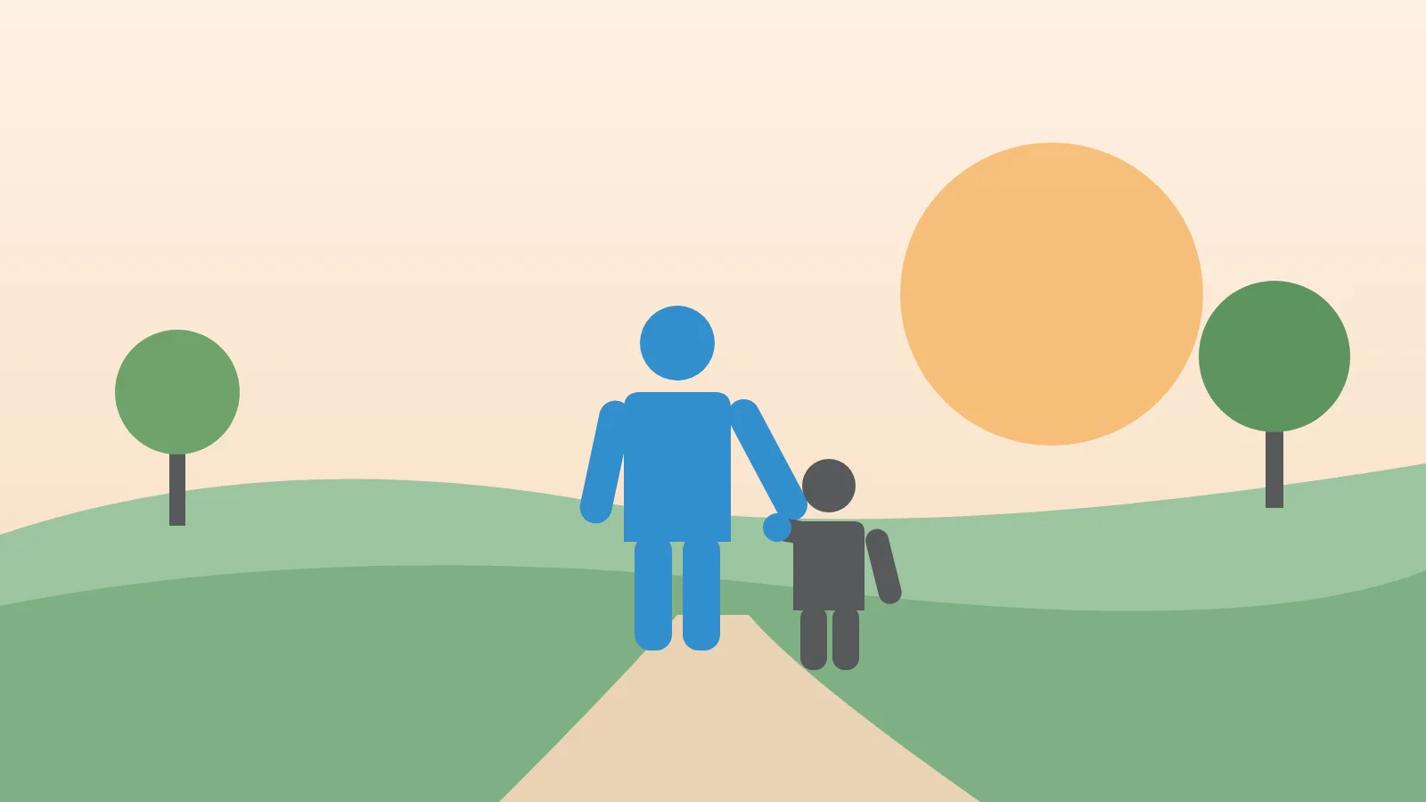 Illustration of a father and young child walking hand in hand on a park path at sunset