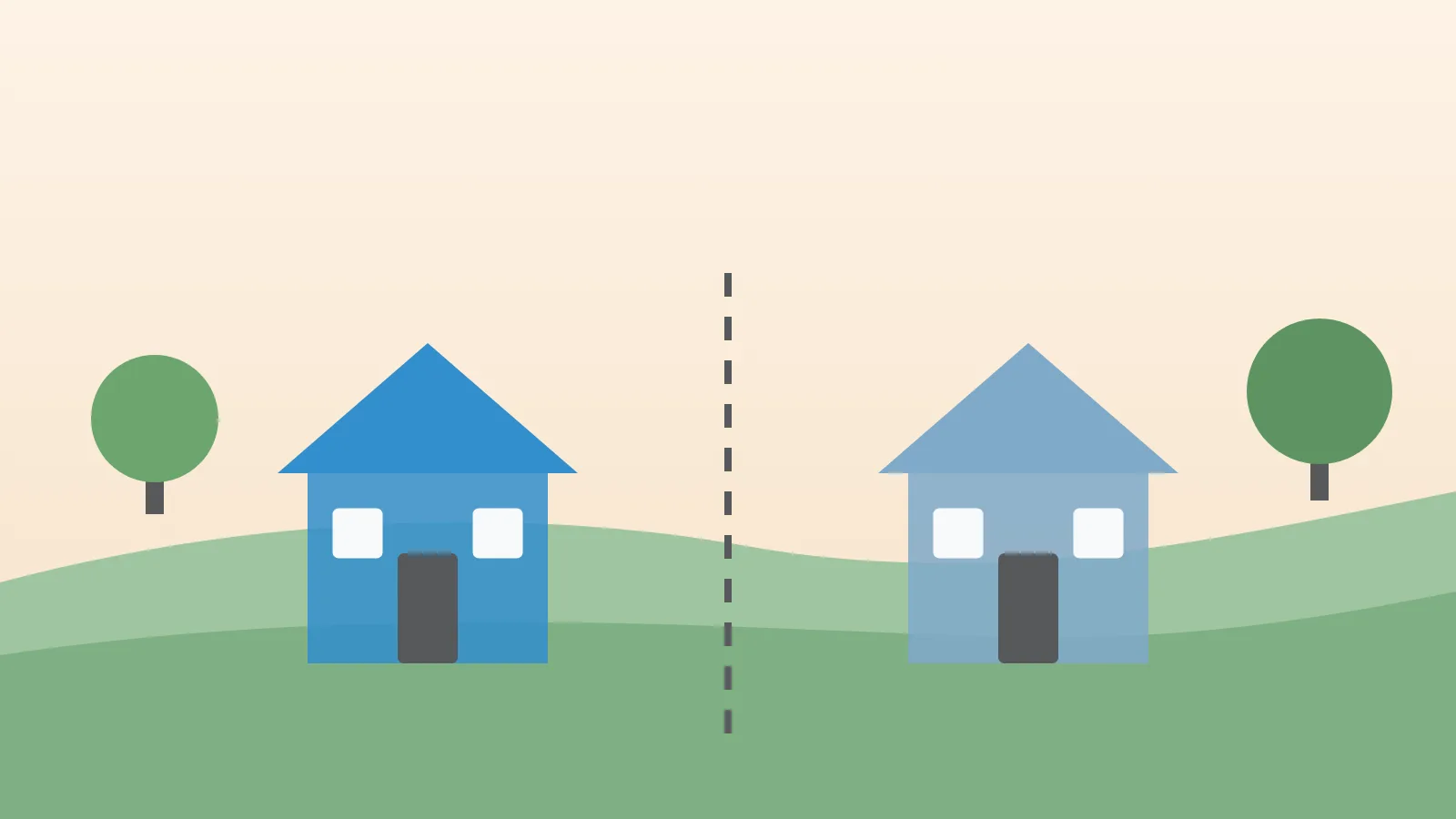 Two houses separated by a dashed line, representing legal separation