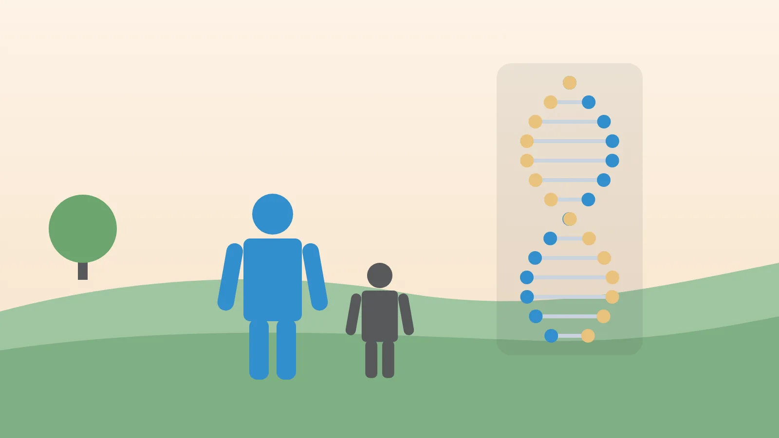 A father and child beside a DNA strand