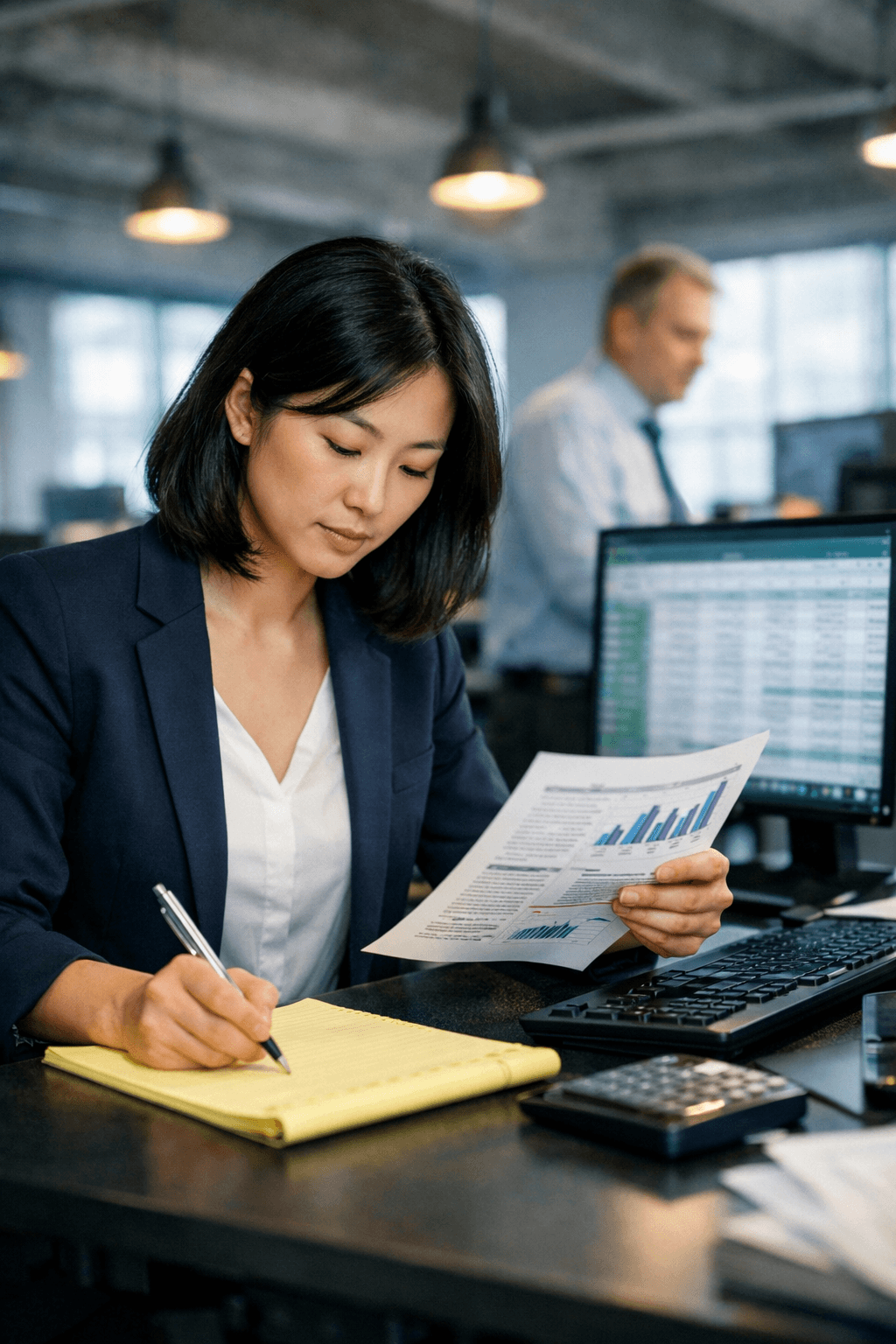 Financial services executive reviewing AI-powered portfolio analytics and risk metrics on a large monitor in a modern office