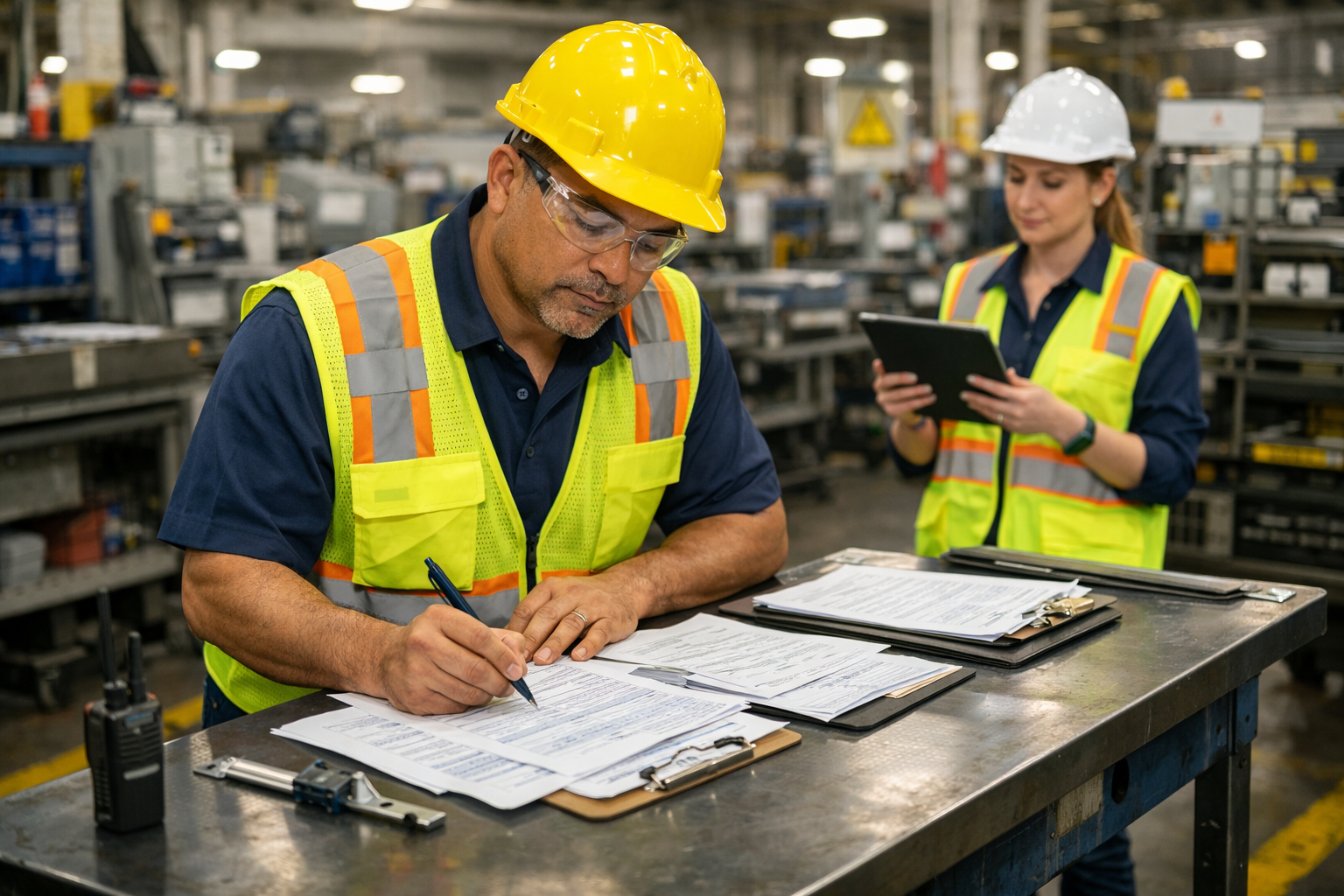 Industrial manufacturing operations manager reviewing AI workflow automation results on a factory floor dashboard