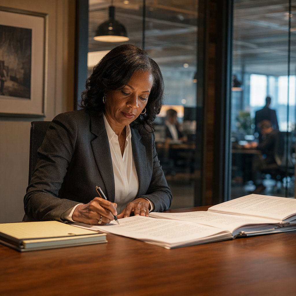 A middle-aged woman in a dark blazer sitting alone at a large wooden desk in a glass-walled law firm office, annotating a printed document with a pen, warm overhead lighting, calm and focused expression