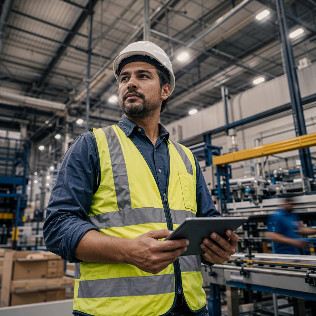 A man in a hard hat and safety vest standing on the floor of a mid-sized manufacturing facility, holding a tablet displaying production output data, overhead industrial lighting, focused and composed