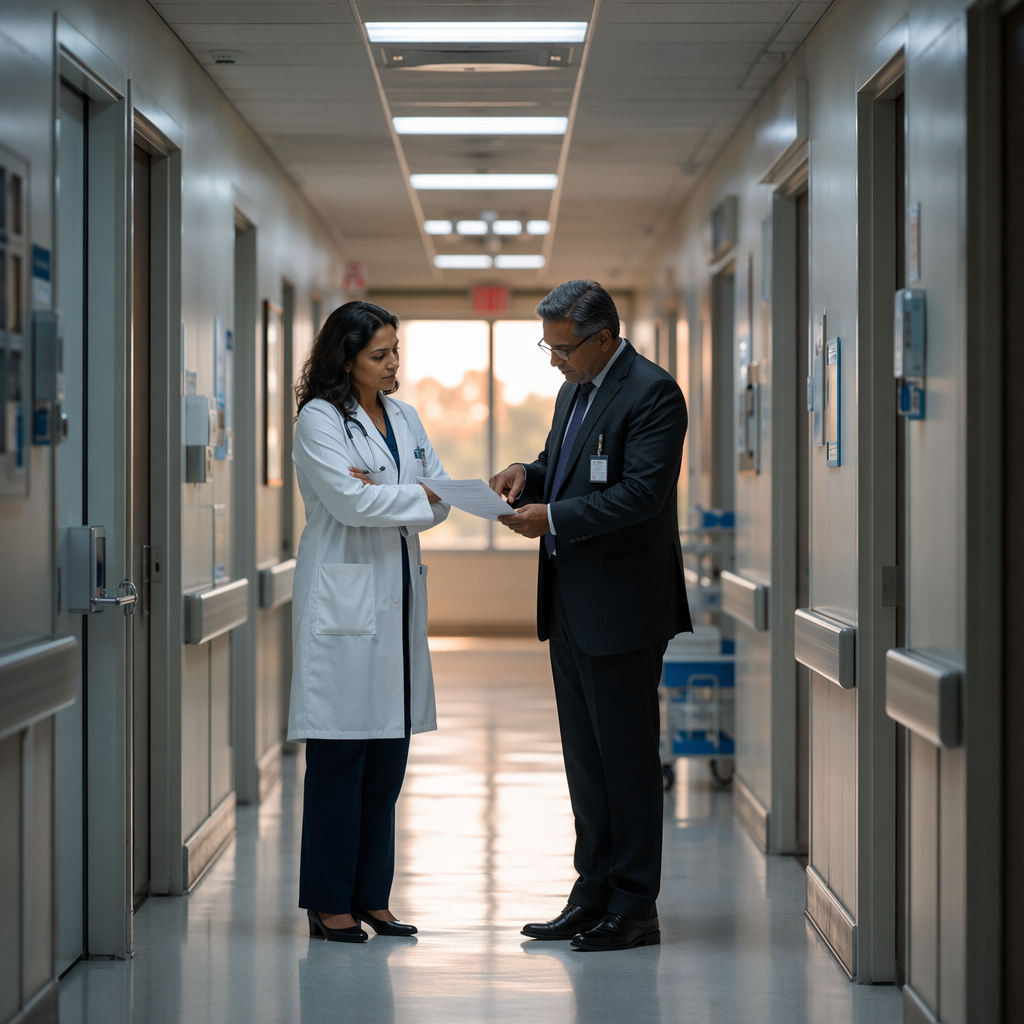 A woman in scrubs and a man in business attire standing side by side in front of a large desktop monitor displaying a hospital patient flow dashboard, in a fluorescent-lit administrative office, both leaning forward, attentive expressions