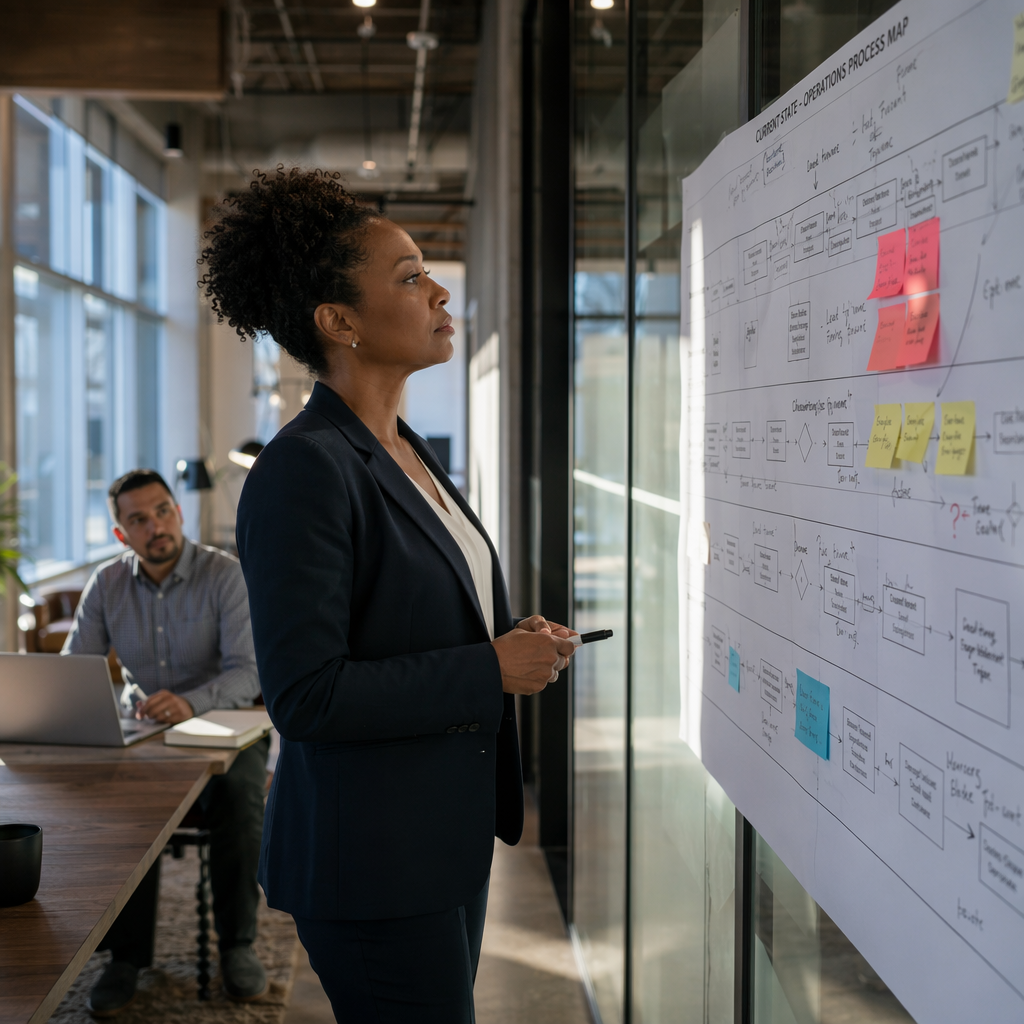 A team gathered around a whiteboard covered in a structured process roadmap, two people standing and pointing at the board, two seated and reviewing printed materials, focused and collaborative