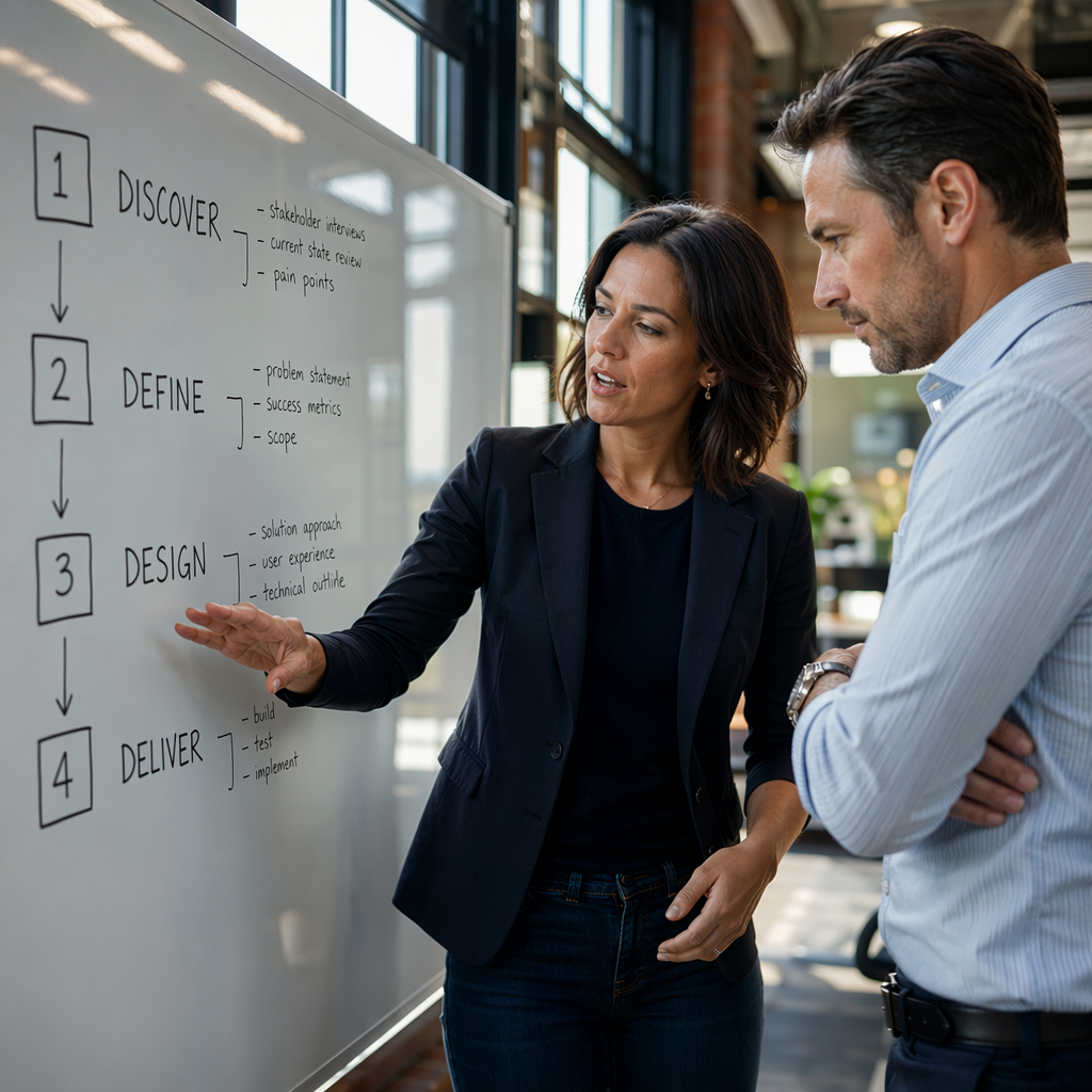 A whiteboard in a bright open-plan office showing a four-step numbered process diagram with labeled arrows and handwritten annotations. A woman in her late thirties in business casual attire points to step three while a man in his mid-forties in a collared shirt leans in to review the diagram. Both are standing, focused, and mid-discussion. Natural daylight from windows to the left.