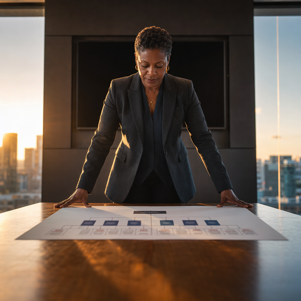Two executives standing in a glass-walled boardroom, one gesturing toward a wall-mounted screen showing an organizational chart, the other listening with arms crossed, late afternoon office lighting