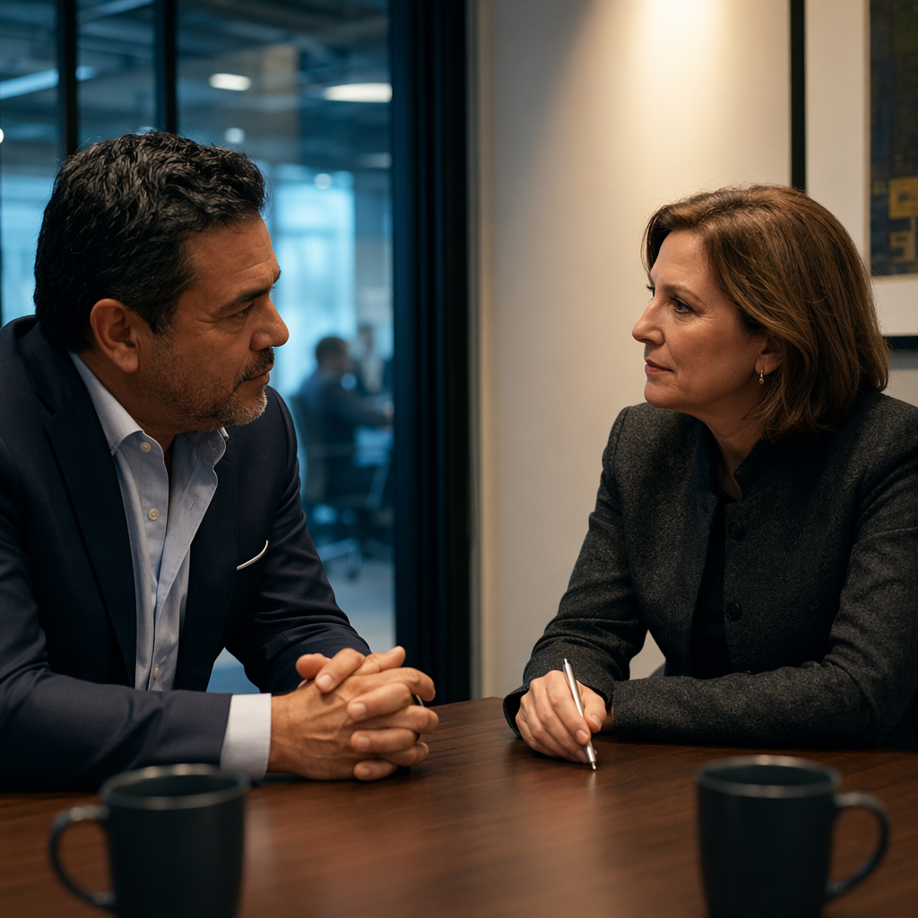 Two executives in a focused one-on-one conversation across a table in a professional office setting, natural lighting, serious and engaged, no presentation materials visible