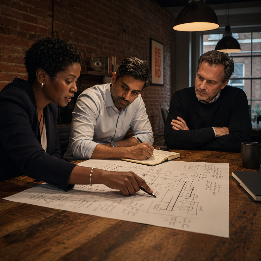 Three colleagues — one woman and two men in casual business attire — standing in front of a whiteboard covered in a four-step flowchart with labeled boxes and arrows, pointing at specific steps, in a small open-plan office with warm overhead lighting and a brick accent wall, collaborative and focused mood