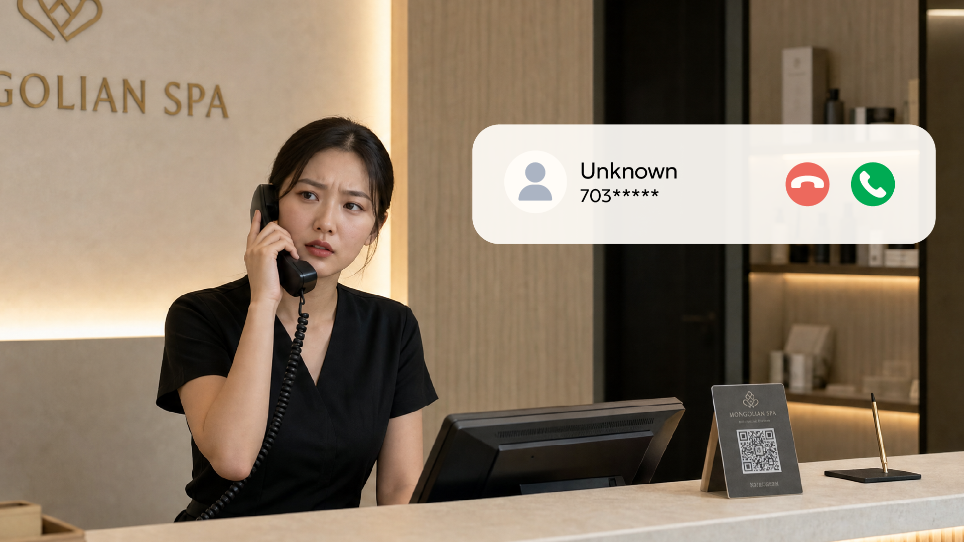 Salon receptionist and incoming unknown phone call interface