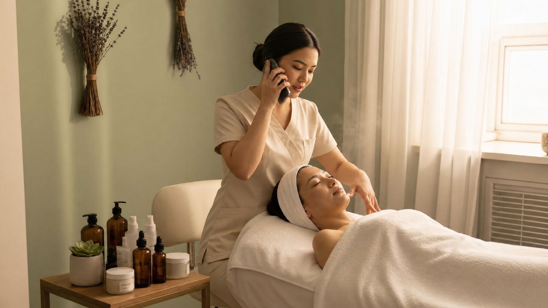 Aesthetician answering a phone call during a spa session