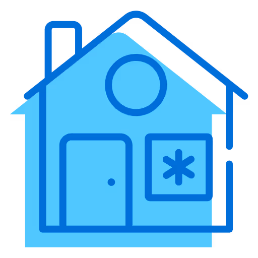Blue icon of a house to show our service we provide senior citizens of companionship and sitter tasks and homemaking help like cleaning and laundry in the north Atlanta GA suburbs.