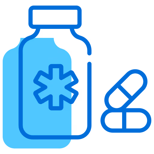 Blue icon of a pill bottle to illustrate the medication reminders that we can provide as a service. 