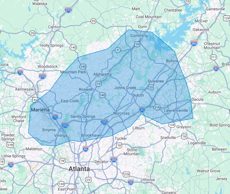 A map of Castleton Home Care's service areas including Alpharetta, Johns Creek, Roswell, Milton, Sandy Springs, and surrounding North Atlanta Suburbs