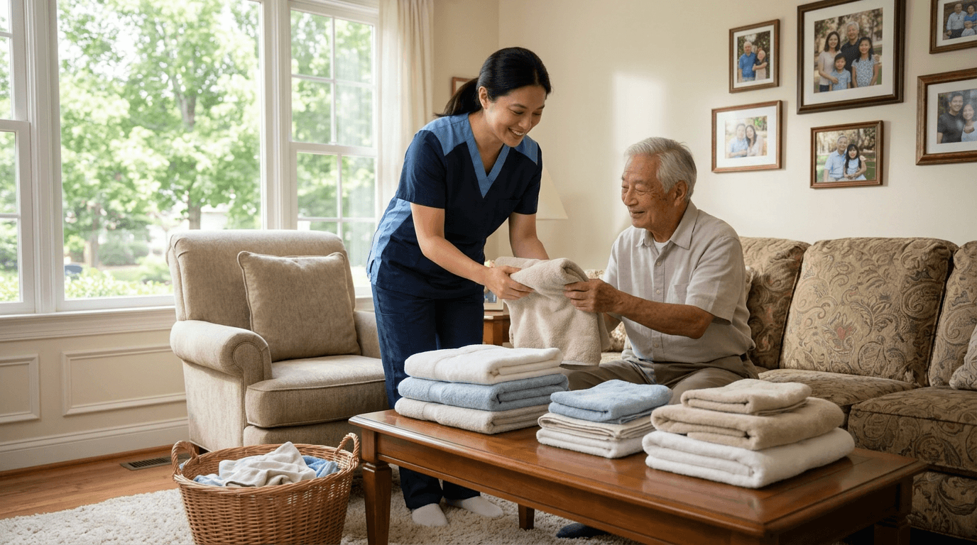 Castleton caregiver helping a senior man fold laundry such as towels