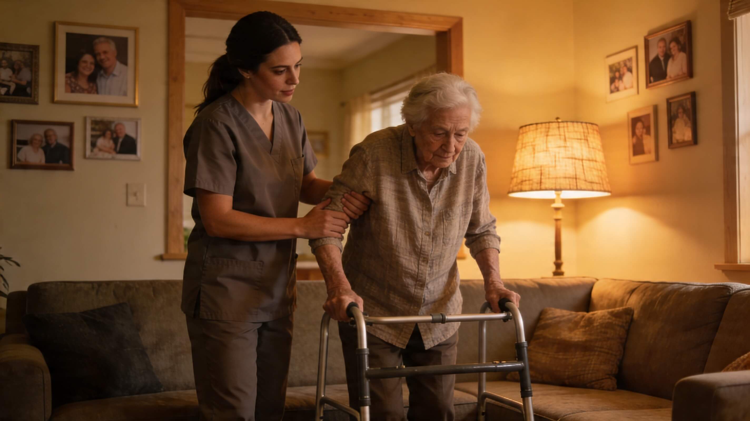 Female caregiver helping senior in Cumming GA with safe ambulation