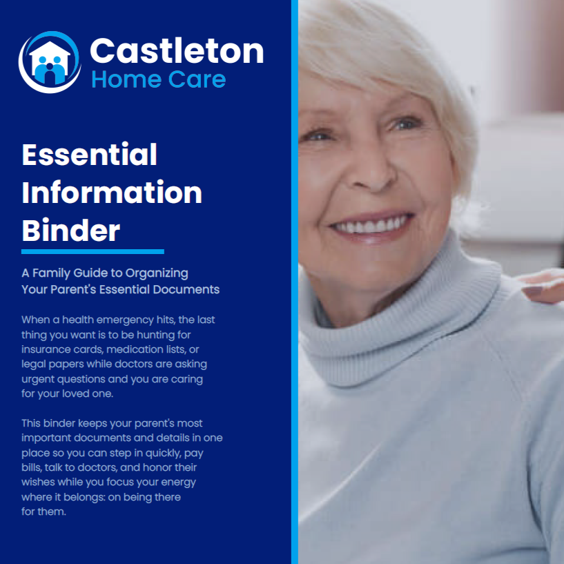 Cover page of the blue front page of the essential information binder guide for seniors. 