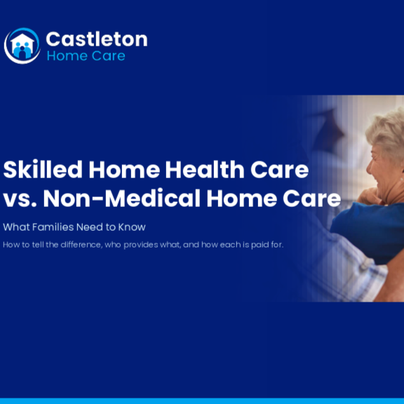 Blue cover page of the guide that shares what is the difference between skilled home healthcare and non medical home care caregiving services