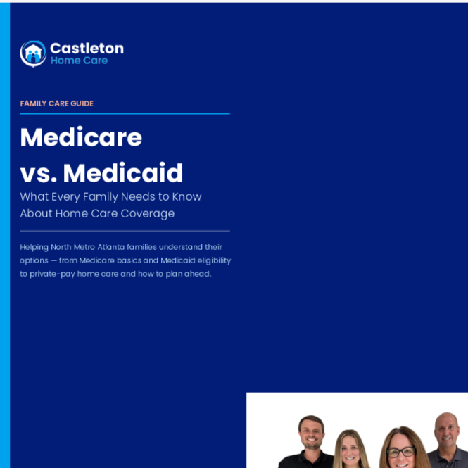 Blue cover page for the guide from Castleton Home Care that answers the question what is the difference between medicare and medicaid?