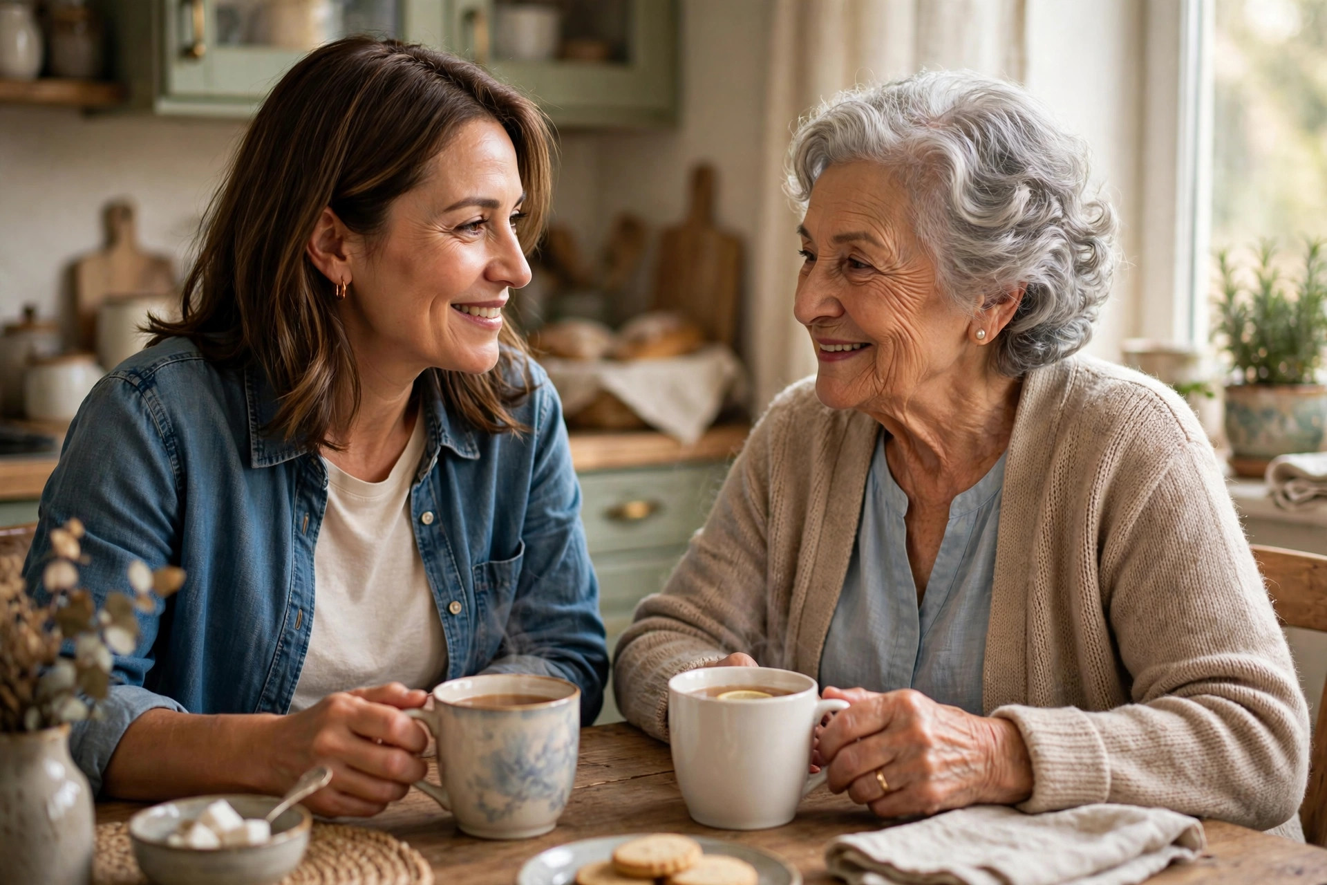 Adult daughter having a warm, supportive conversation with her elderly mother over tea at a kitchen table