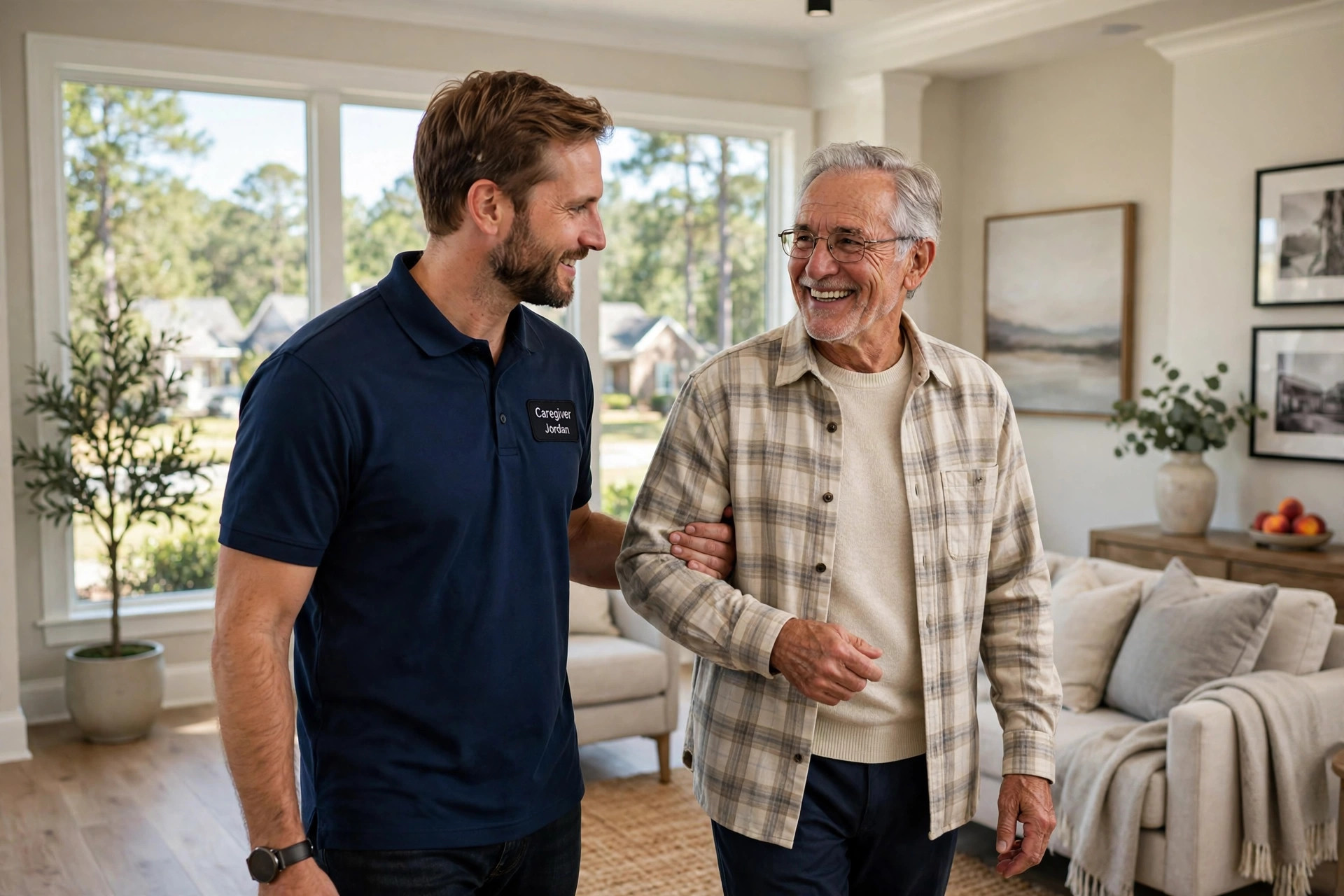 Castleton Home Care caregiver assisting a smiling senior man in a bright Alpharetta, Georgia home